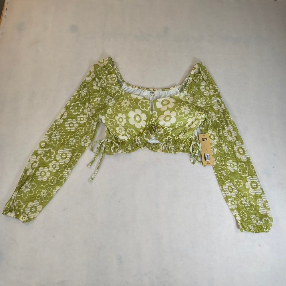 Madden NYC Green Floral Mesh Crop Top Ruched Y2K Cottagecore M‎